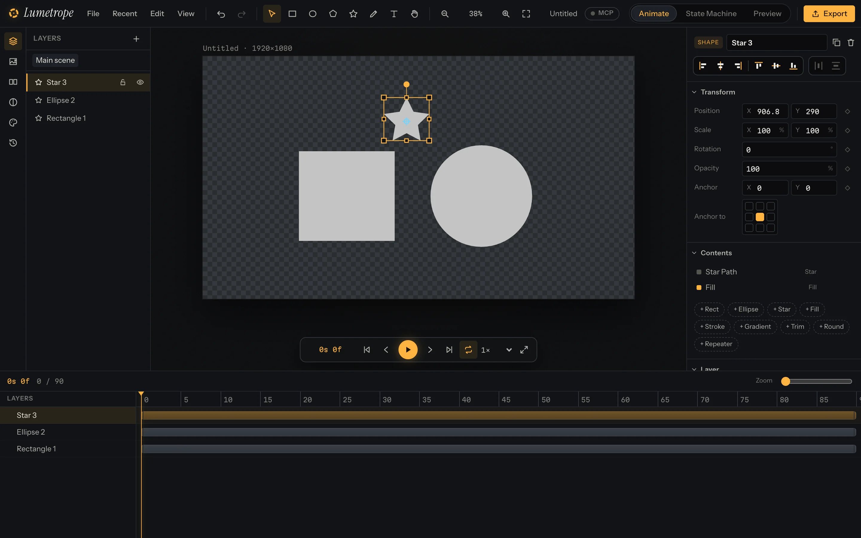 A new project in the Lumetrope editor with a rectangle, ellipse and star drawn on the canvas.