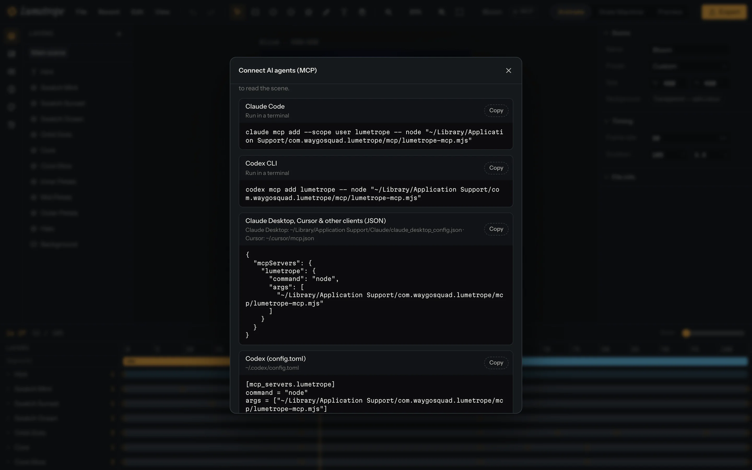 The MCP dialog with ready-to-copy commands for connecting an AI agent to the editor.