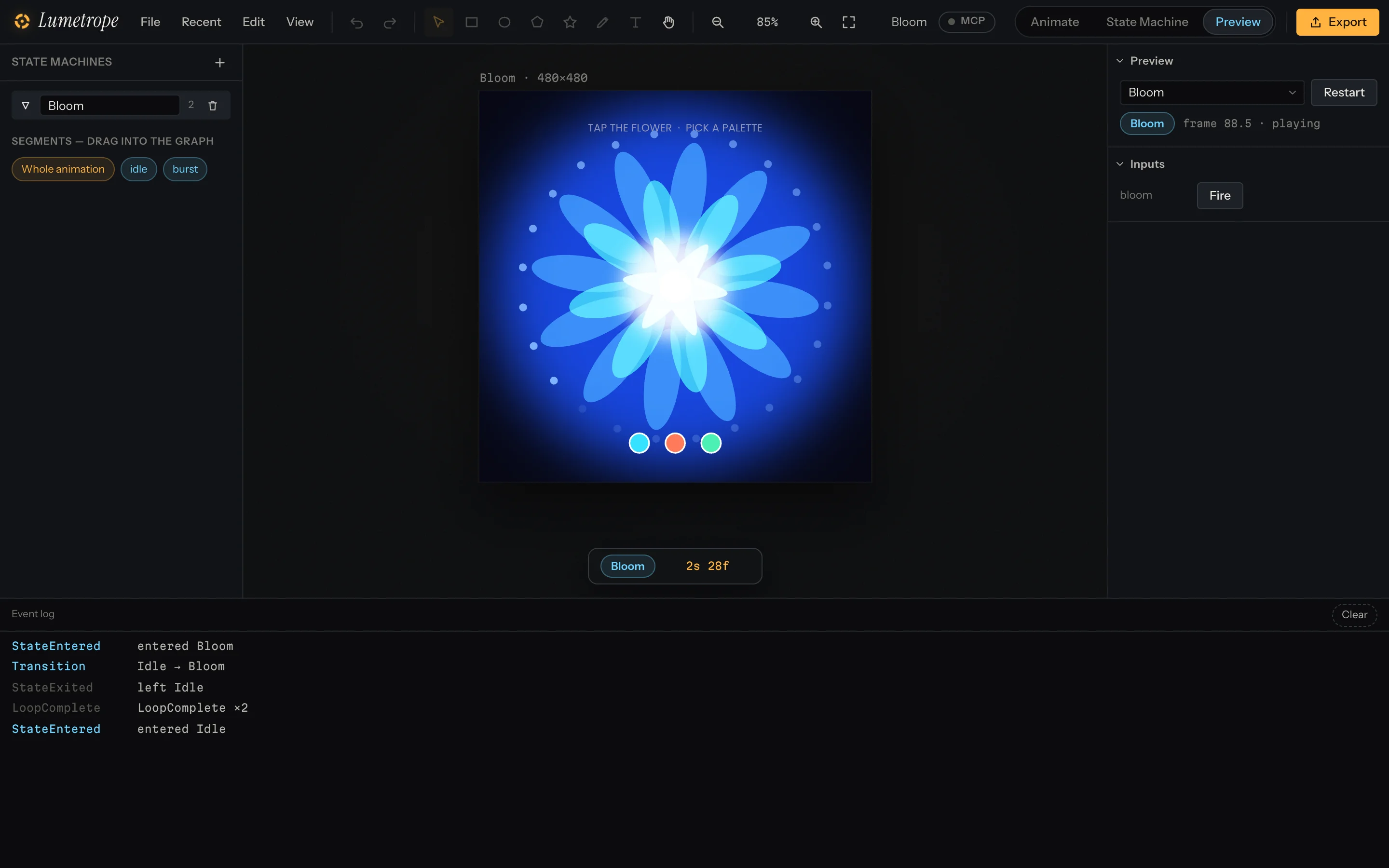 Preview mode where clicking the artwork drives the state machine.