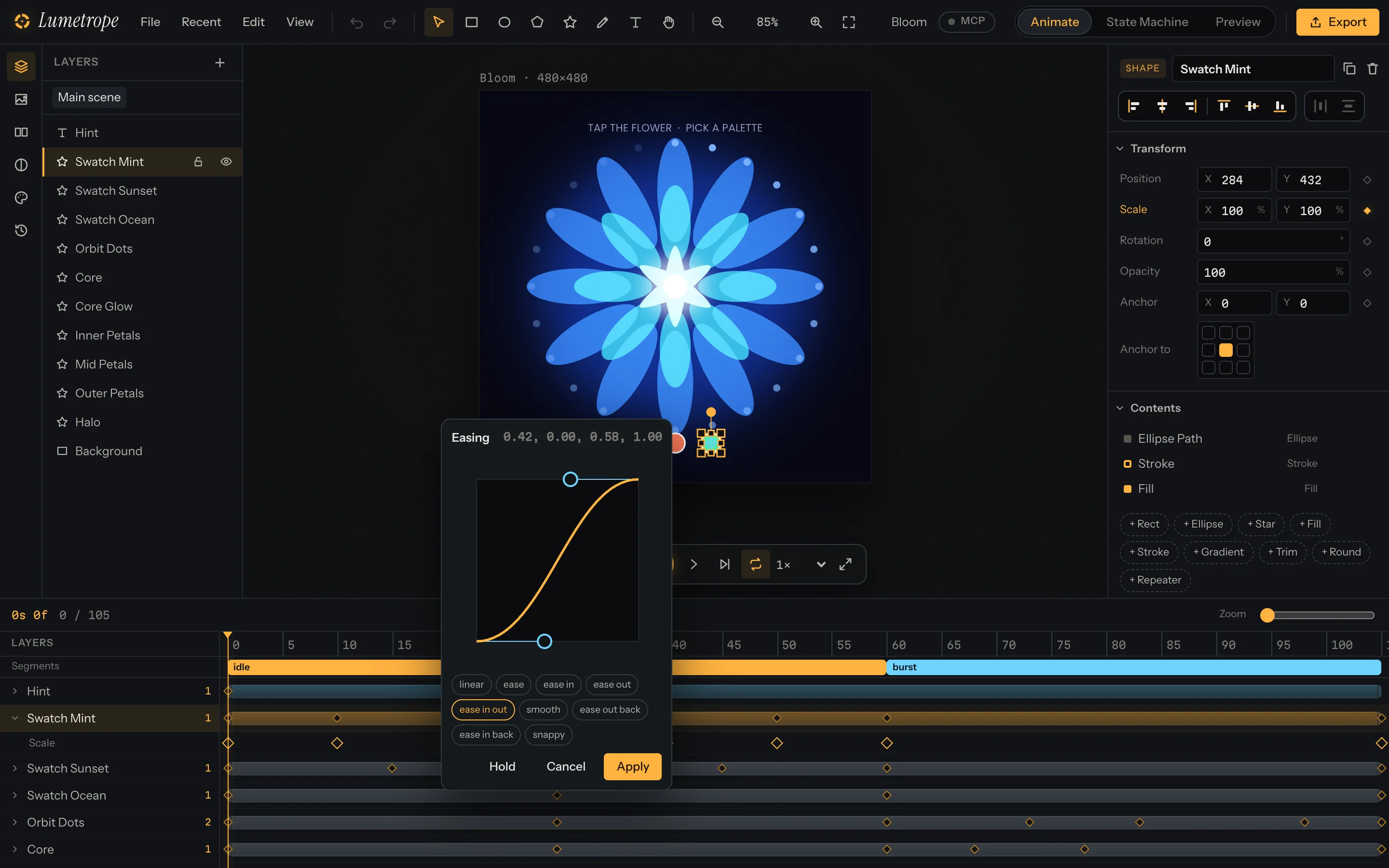 The Lumetrope timeline with keyframes per property and the easing curve editor open on a keyframe.